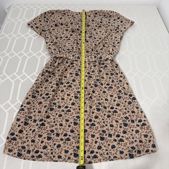 LOFT Maxi Women's Size LG Tan Blue Floral V Neck Spring With tie Belt & pockets - Picture 8 of 16